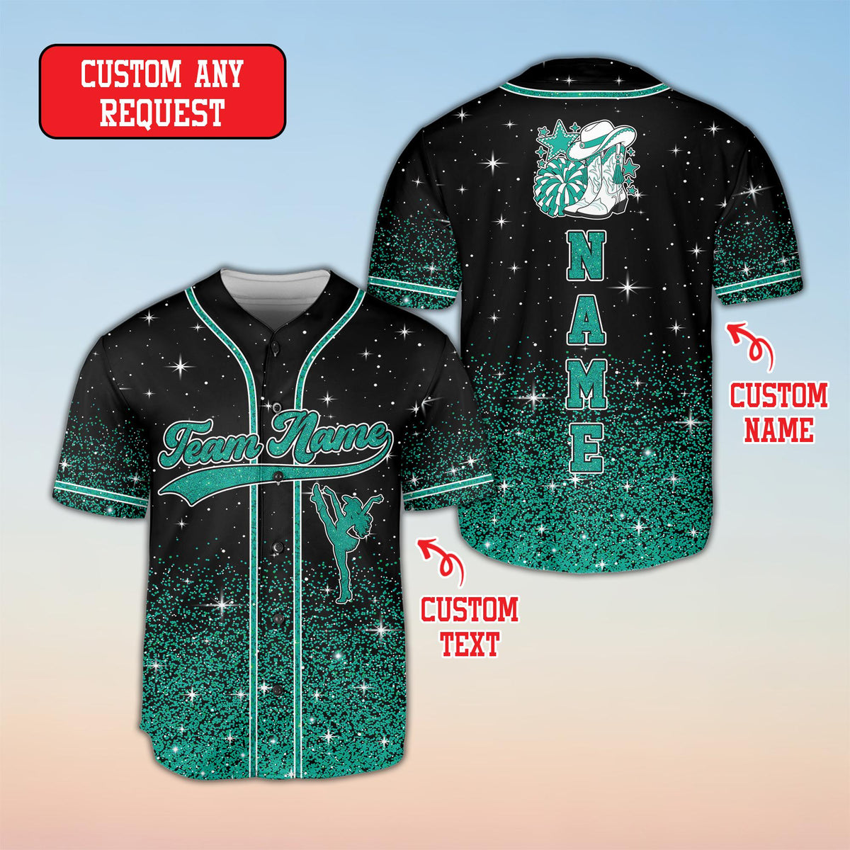 Additional front view showing the detailed silhouette on the cheerleading baseball jersey