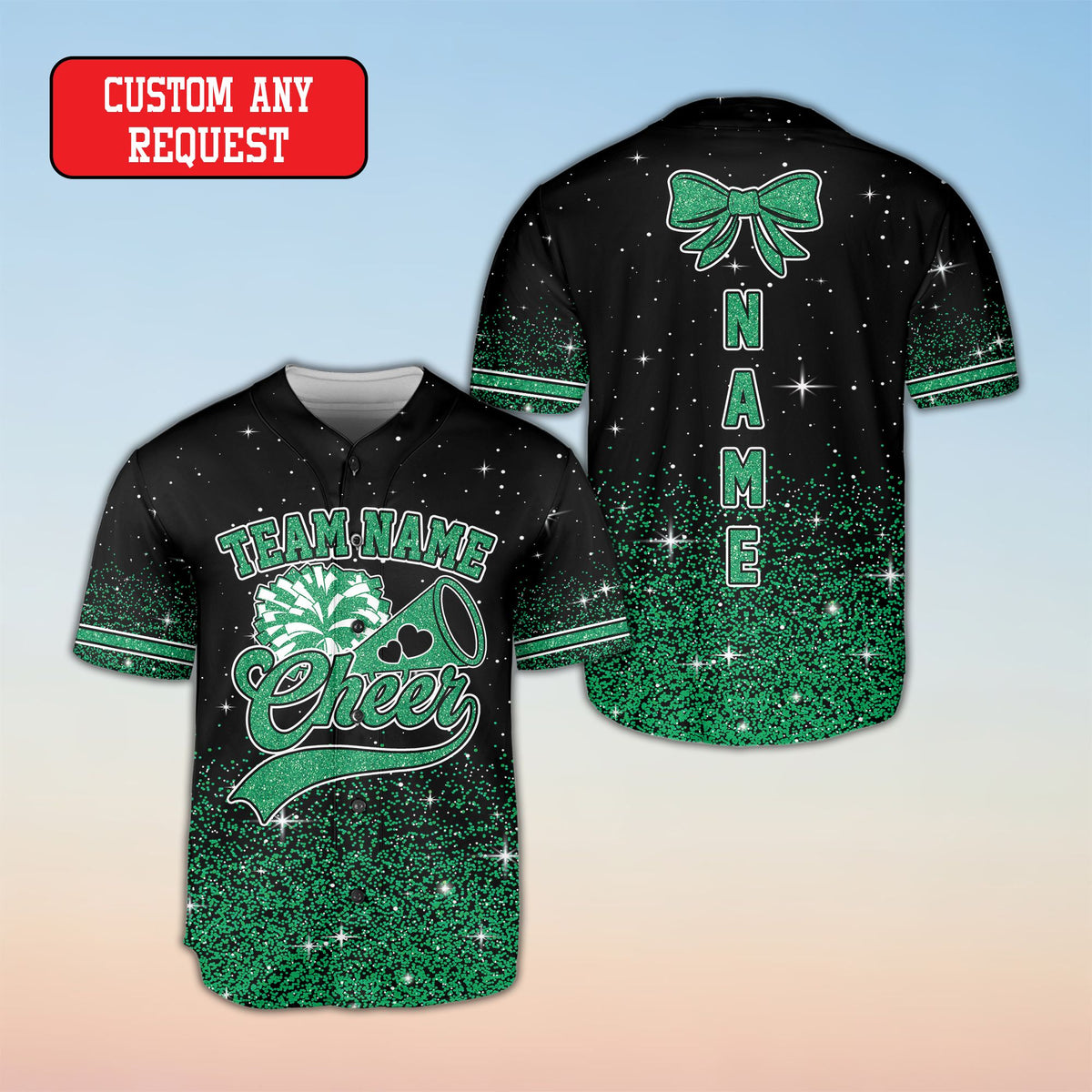 Close up front view of the personalized cheerleading baseball jersey