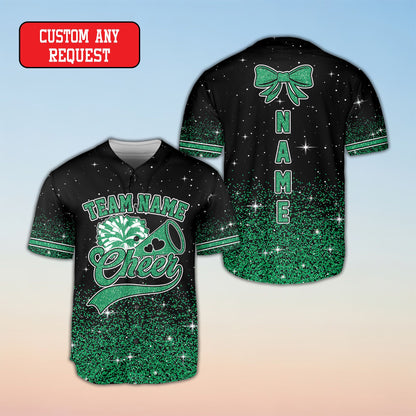 Close up front view of the personalized cheerleading baseball jersey