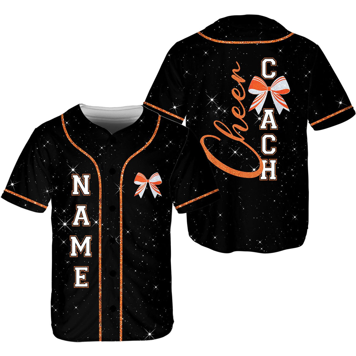 Front view of the personalized baseball jersey in black with orange faux-glitter trim
