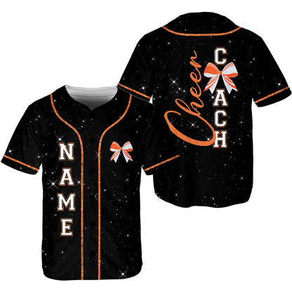 Front view of the personalized baseball jersey in black with orange faux-glitter trim