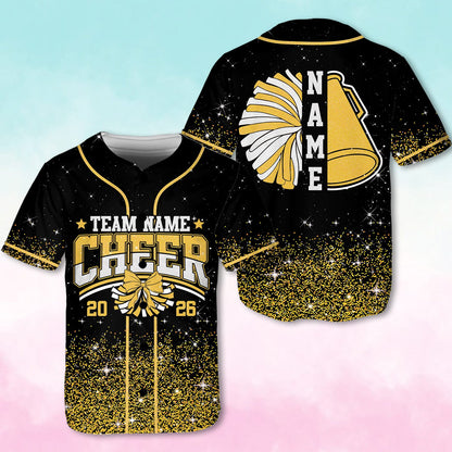 Front view highlighting the fabric and print quality of the black cheer baseball jersey.