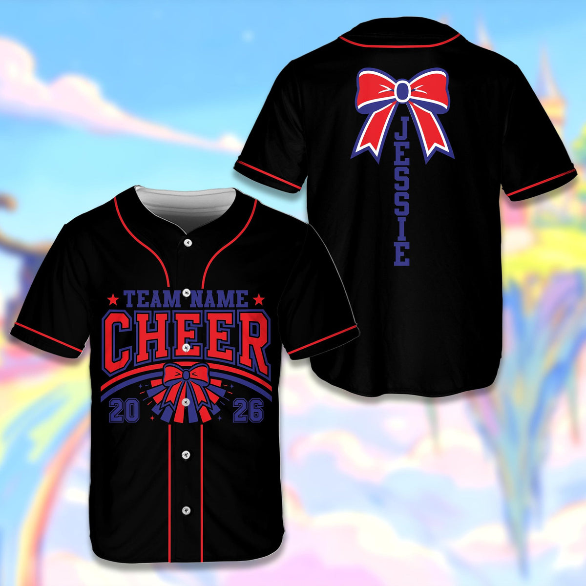 Black personalized baseball jersey with cheer bow, front view