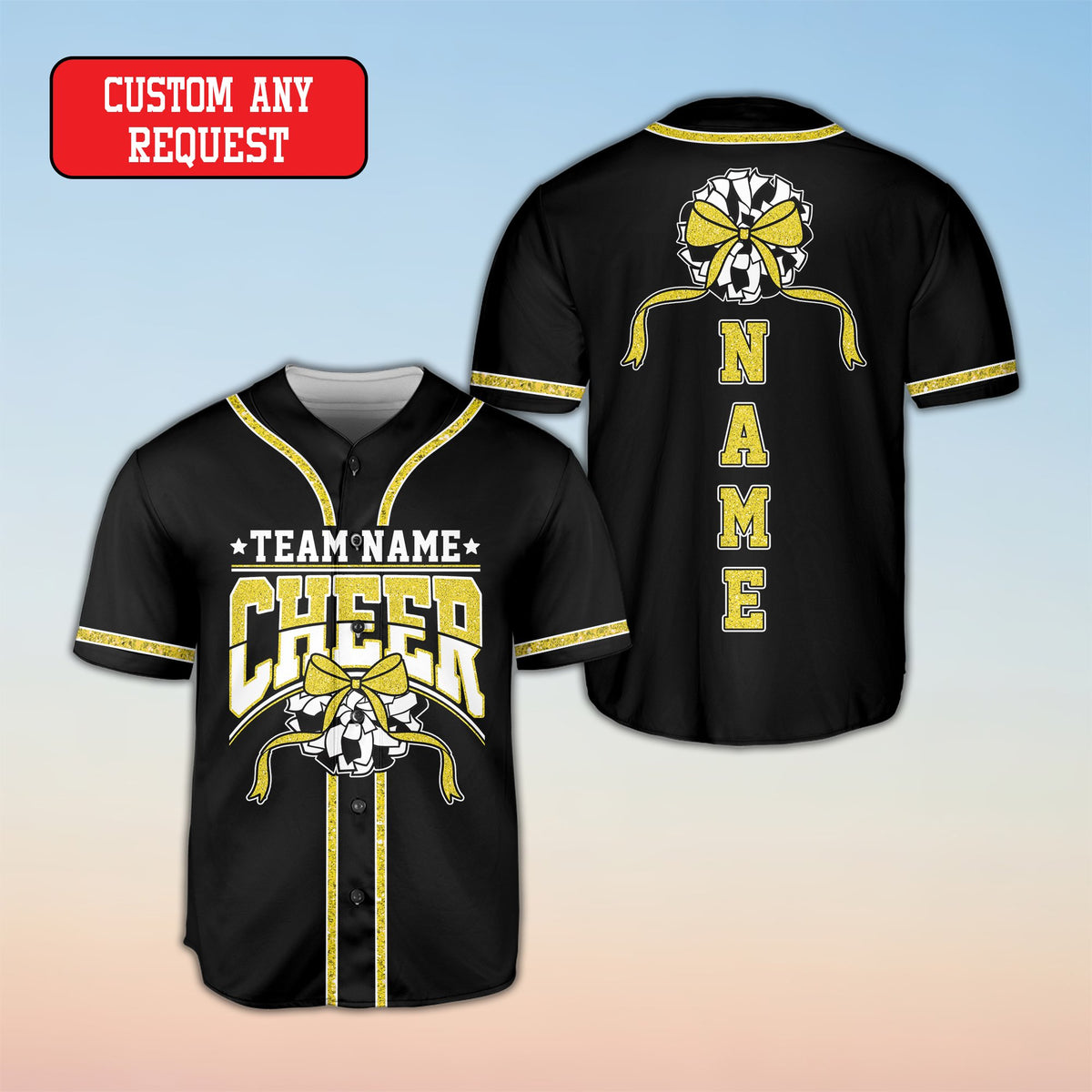Close-up of the faux-glitter gradient on the cheerleading baseball jersey