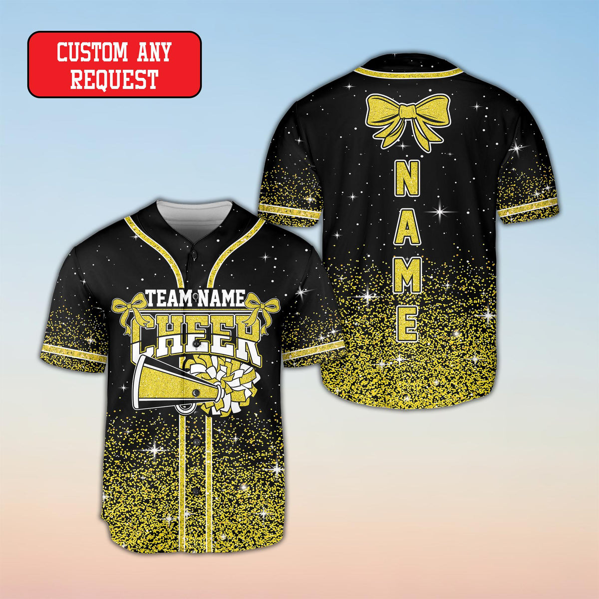 Front view of black cheerleading baseball jersey variation 3