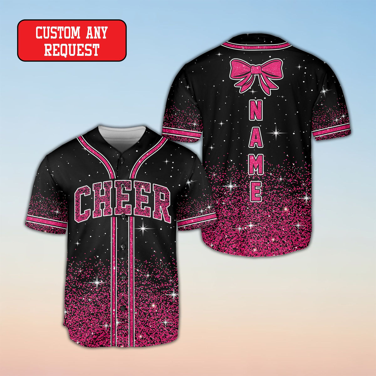 Another front view of the cheerleading baseball jersey highlighting contrasting piping