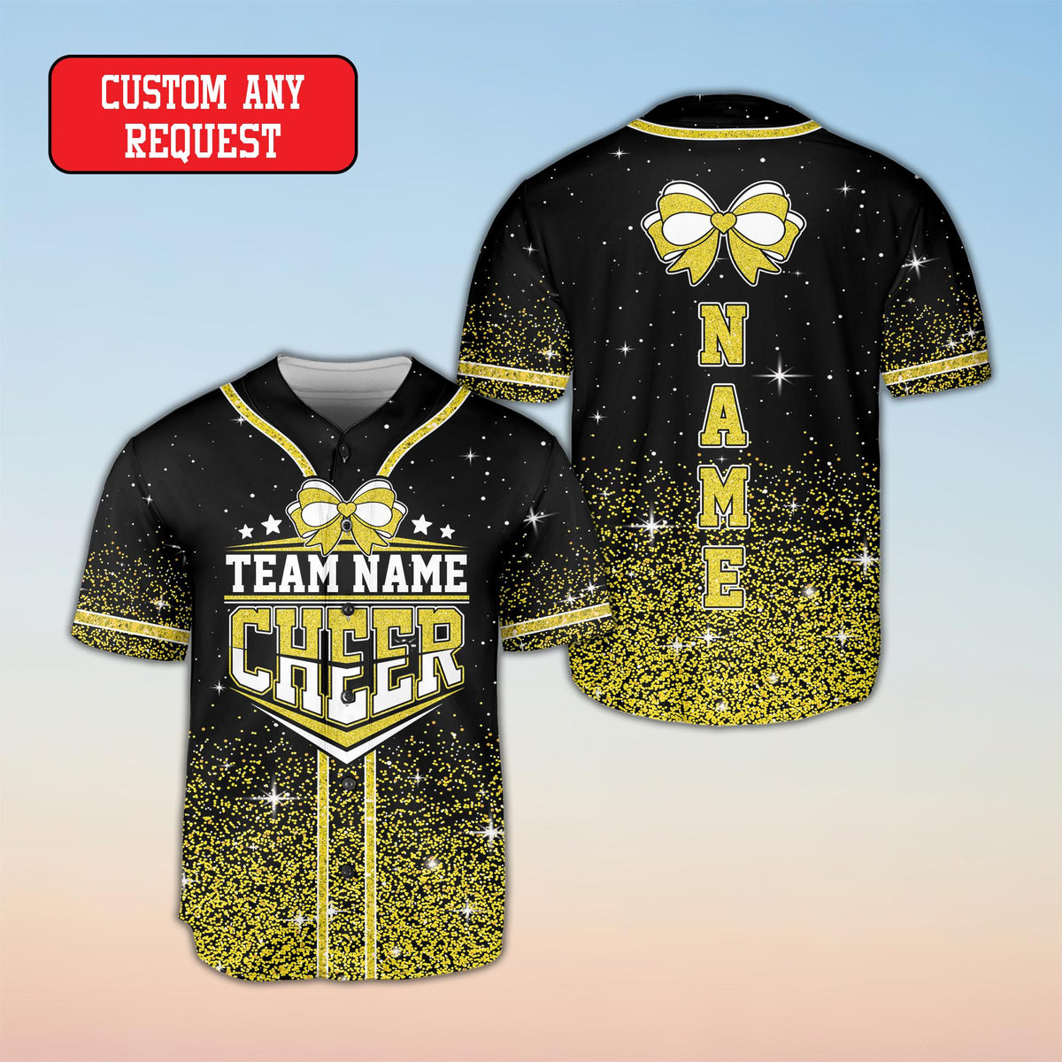 Close-up of the cheerleading bow graphic on the personalized black baseball jersey
