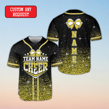 Close-up of the cheerleading bow graphic on the personalized black baseball jersey