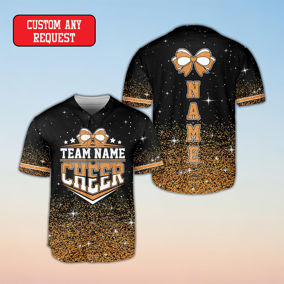 Close-up front view of the custom cheer jersey highlighting the bow graphic