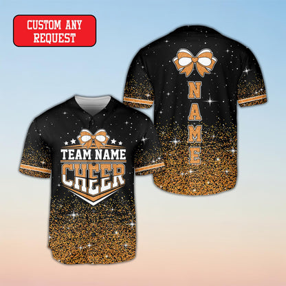 Close-up front view of the custom cheer jersey highlighting the bow graphic