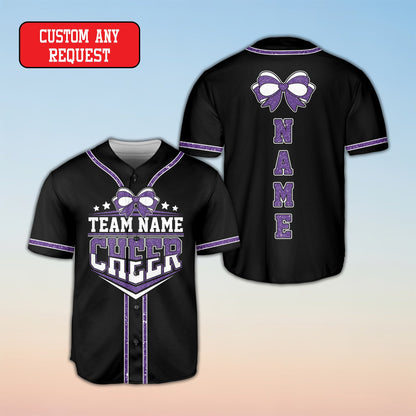 Black cheerleading baseball jersey with yellow graphic details, front view