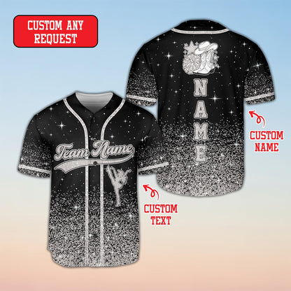 Front angle of the custom text baseball jersey displaying the black abstract design