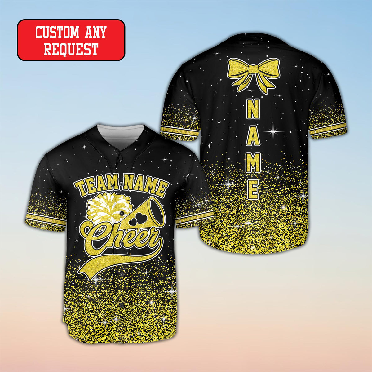 Detail view of the megaphone graphic on the cheerleading baseball jersey