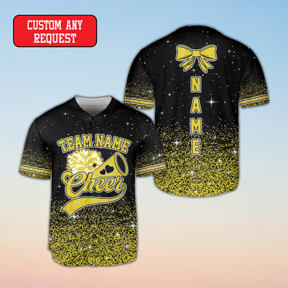 Detail view of the megaphone graphic on the cheerleading baseball jersey