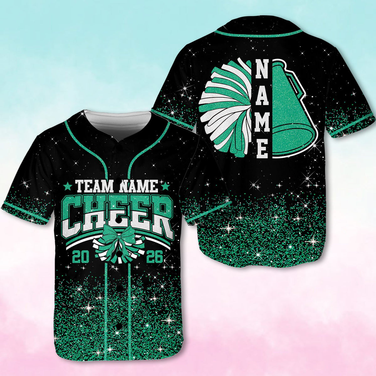 Front view showing the megaphone and pom-pom design elements on the cheerleading baseball jersey.