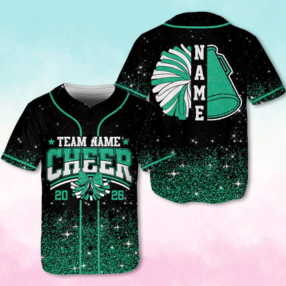 Front view showing the megaphone and pom-pom design elements on the cheerleading baseball jersey.
