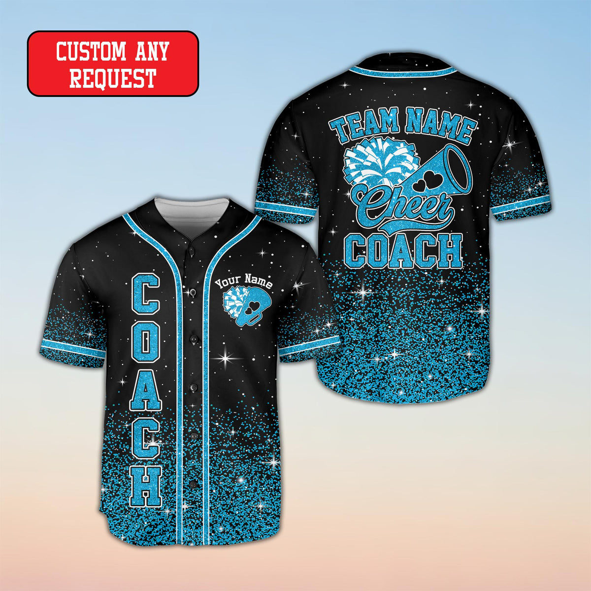 Front angle view of the black cheerleading baseball jersey