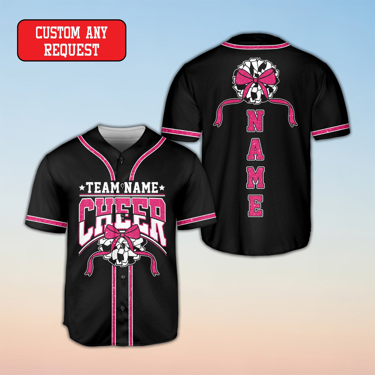 Cheerleading baseball jersey back view featuring large pom-pom graphic and custom vertical name