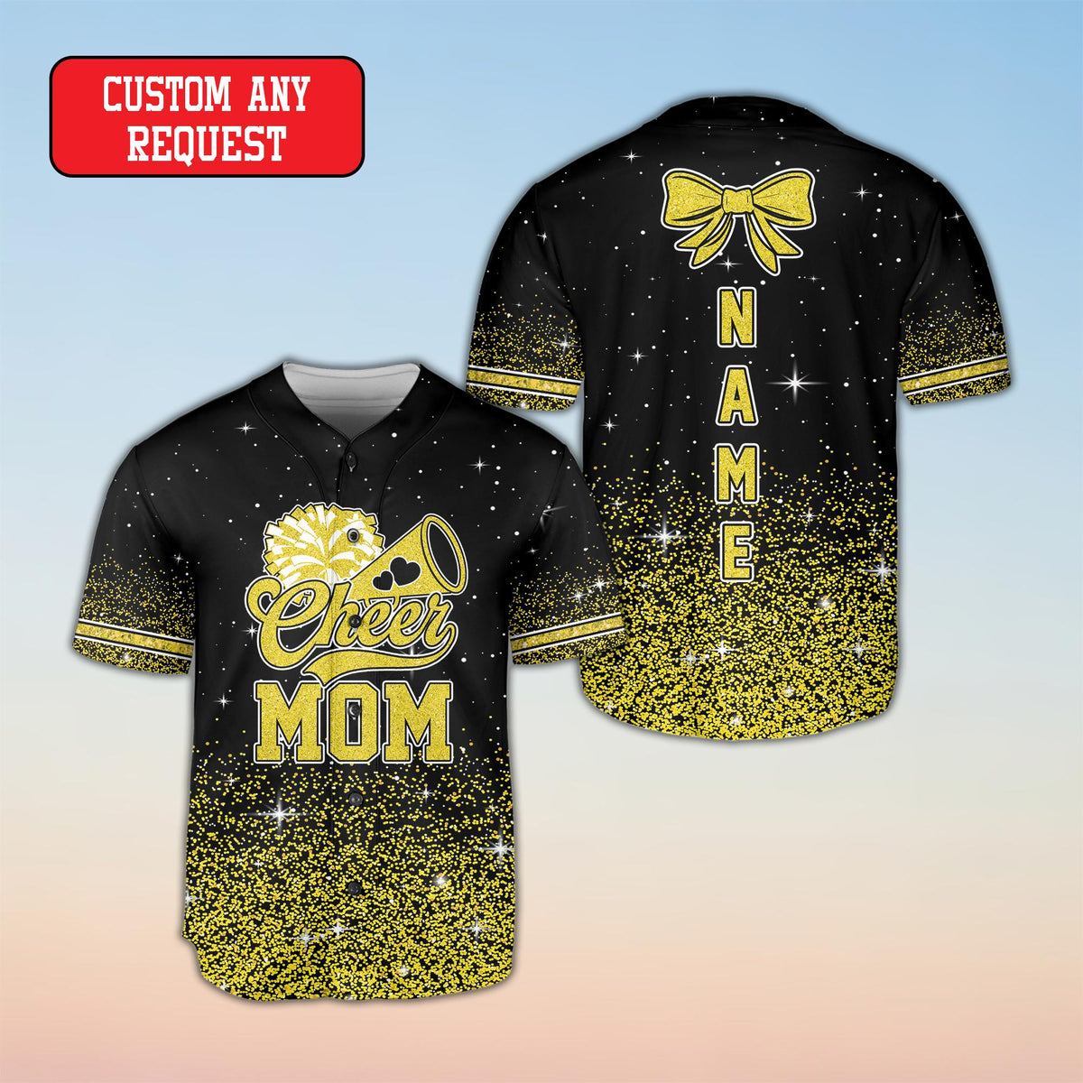 Custom baseball jersey with glitter gradient base, front view