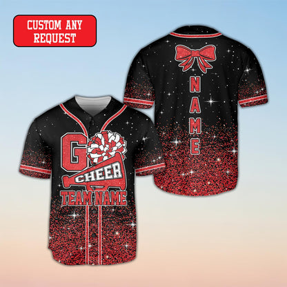 Adult personalized baseball jersey with cheer design, full view