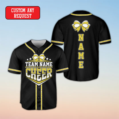 Custom cheerleading baseball jersey with pink heart bow and shield, front view
