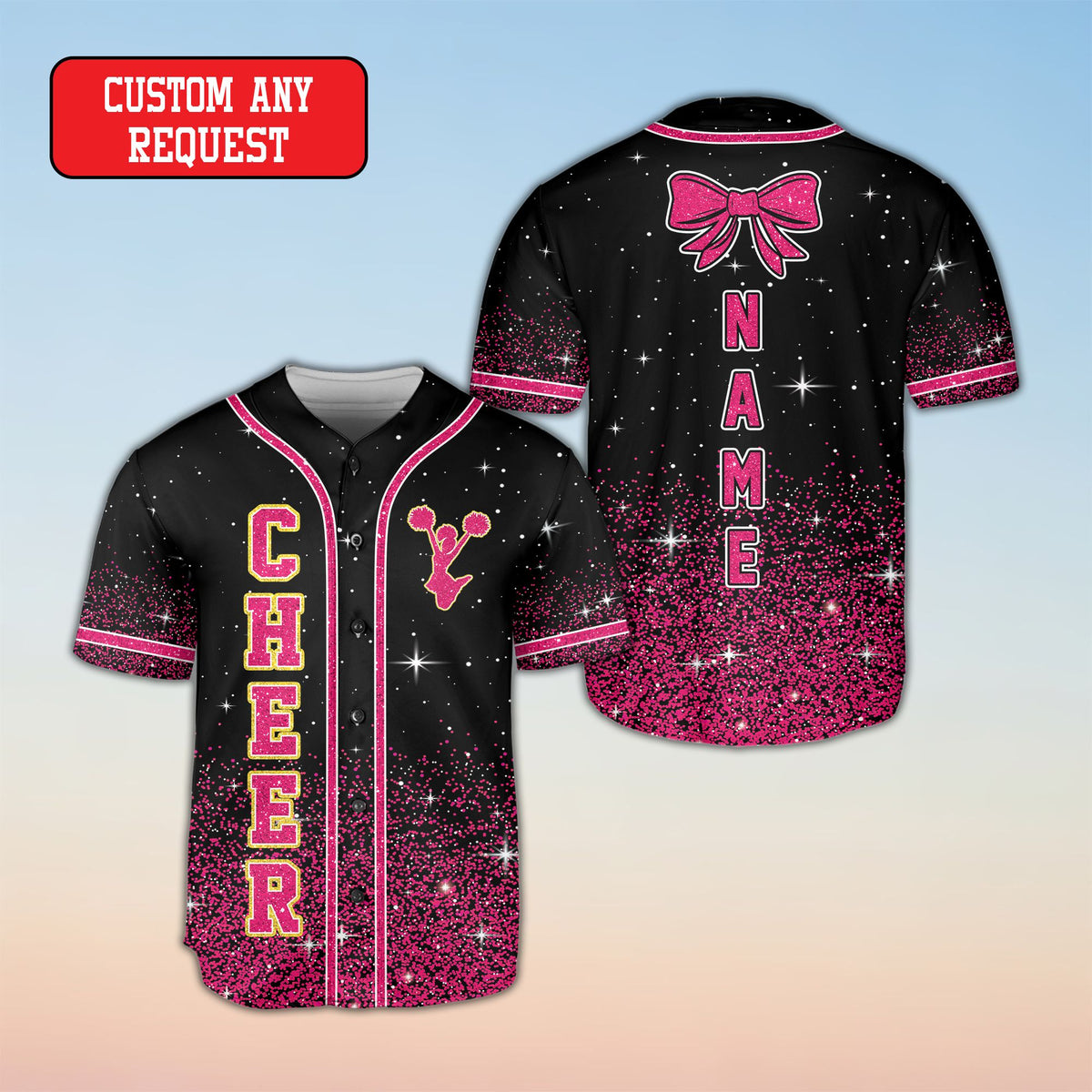 Back view showing bow graphic and custom name on baseball jersey