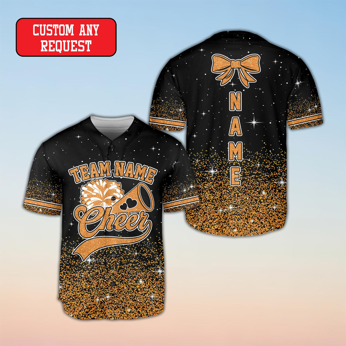 Angle view of the black faux glitter cheerleading baseball jersey