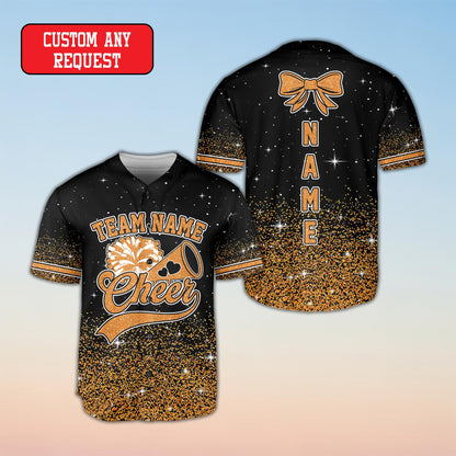 Angle view of the black faux glitter cheerleading baseball jersey