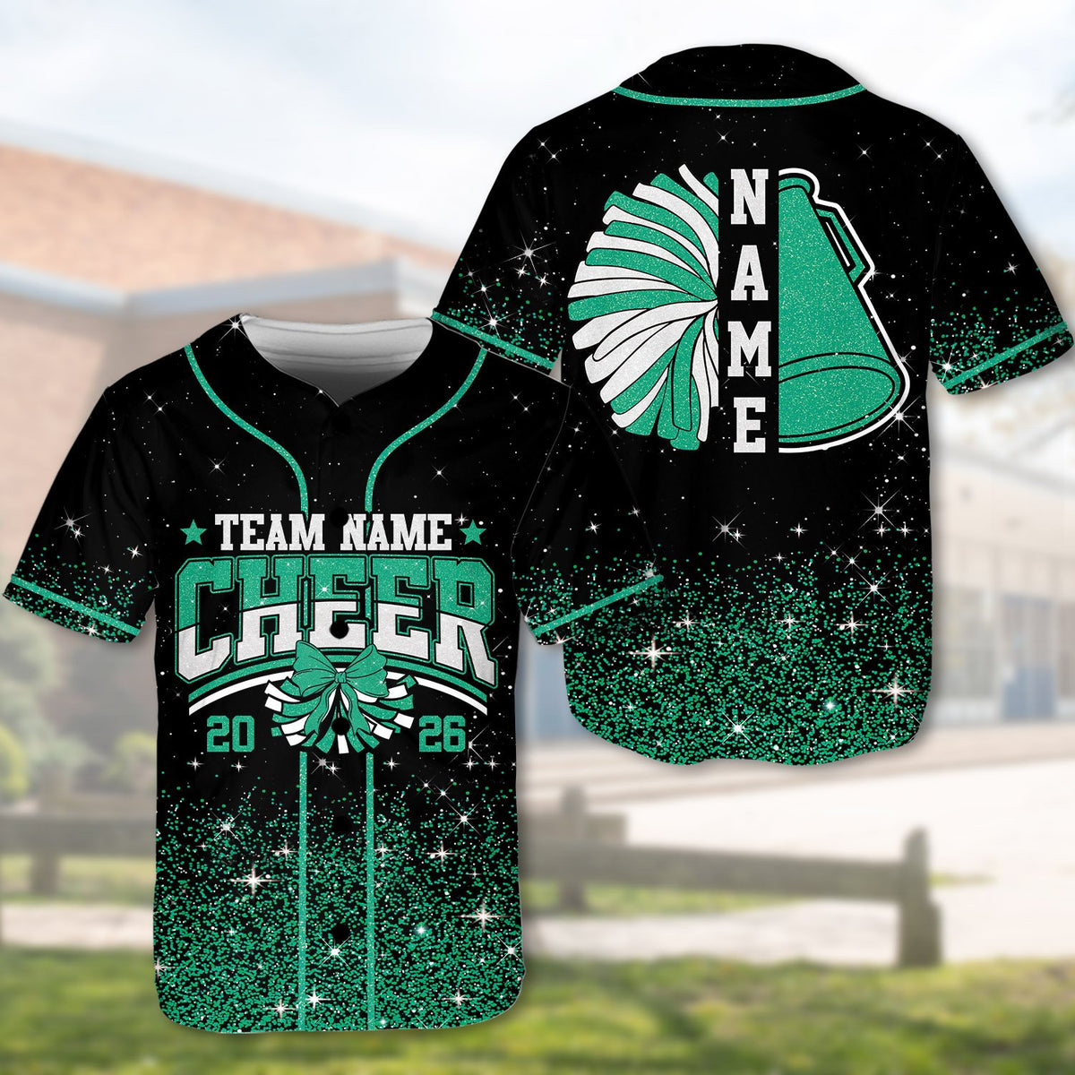 Front view of the personalized black cheerleading jersey displaying custom details.