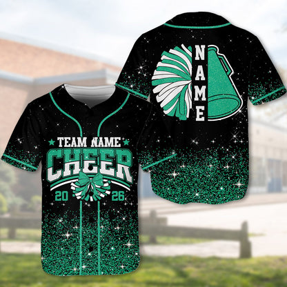 Front view of the personalized black cheerleading jersey displaying custom details.