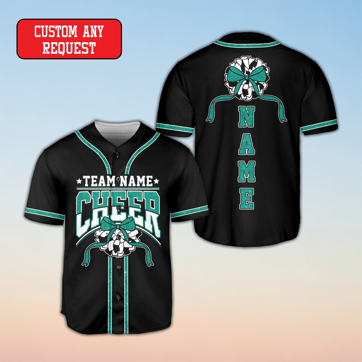Close-up of the cheer text and bow graphics on the baseball jersey