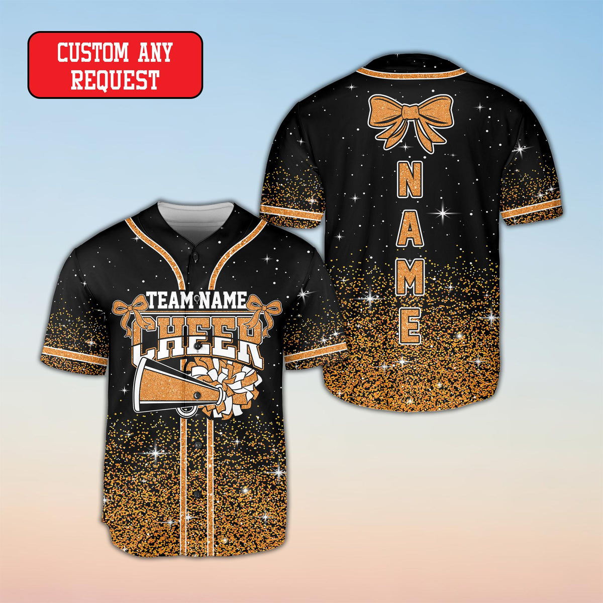 Front view of black cheerleading baseball jersey variation 5