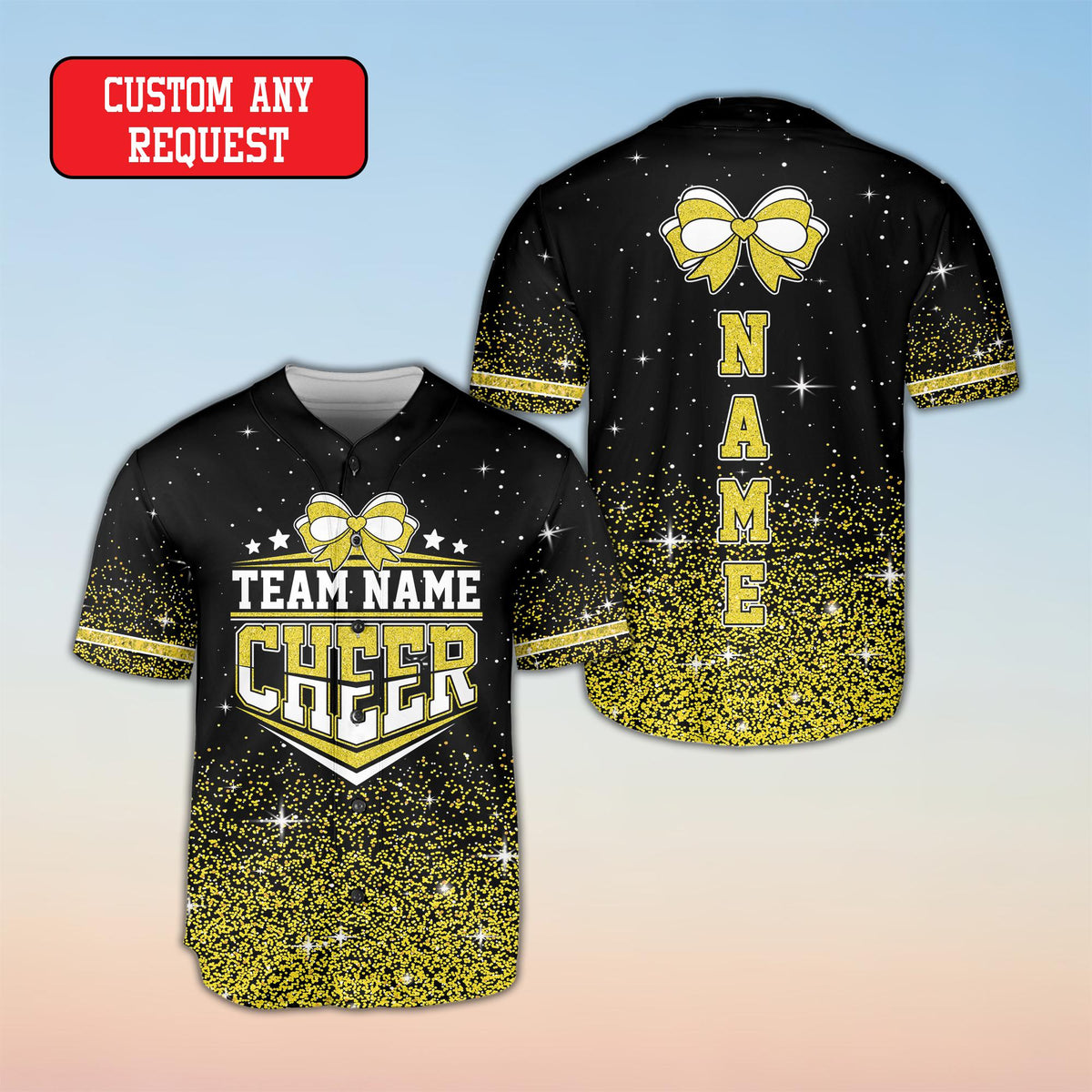 Front styling view of the adult black cheer baseball jersey