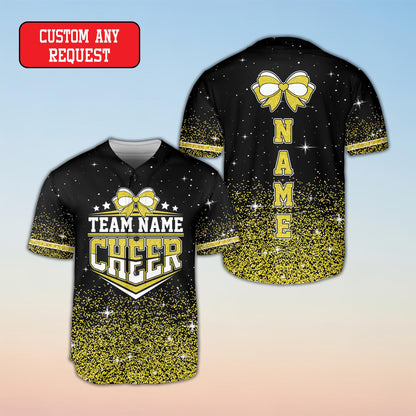 Front styling view of the adult black cheer baseball jersey