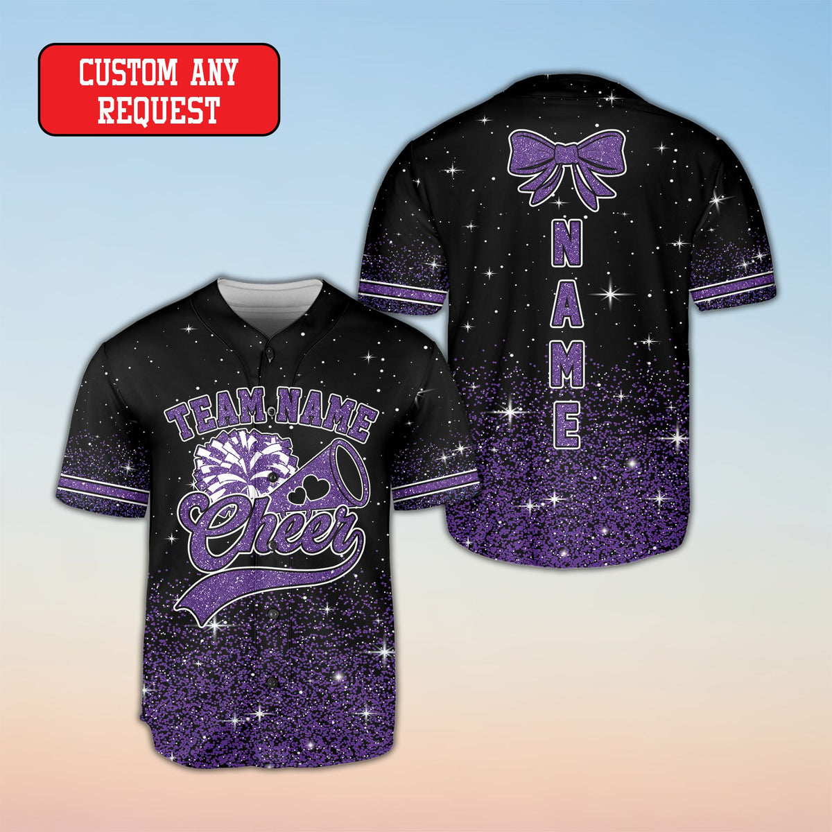 Flat lay front view of the custom cheerleading baseball jersey