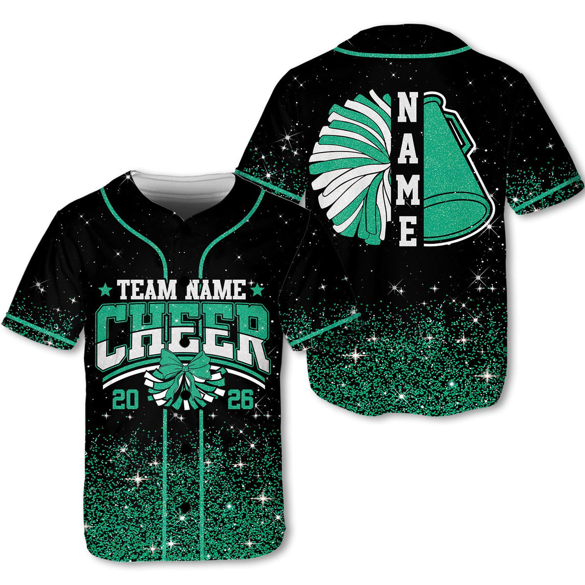 Front view of the custom cheer baseball jersey in a solid black base.