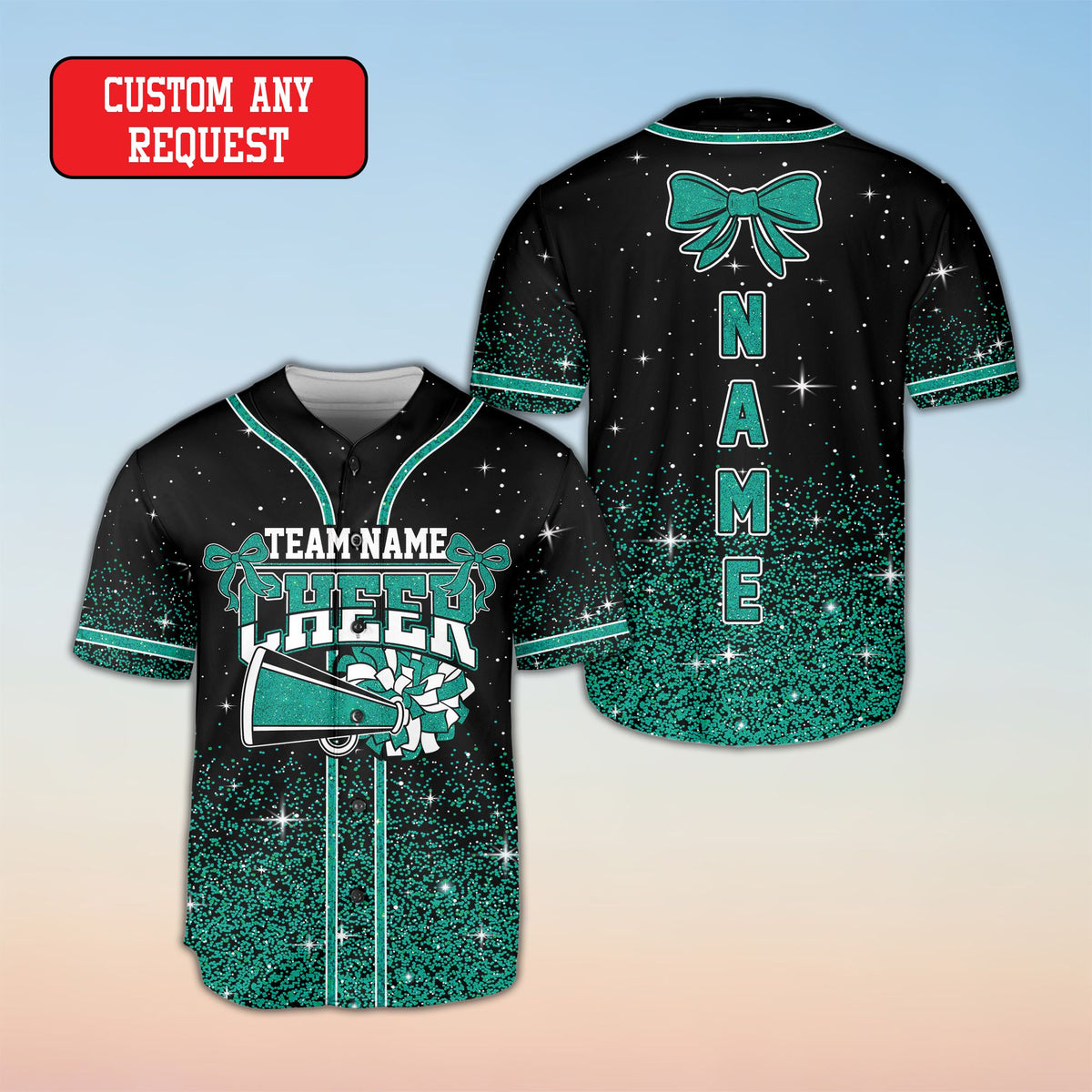 Front view of black cheerleading baseball jersey variation 6
