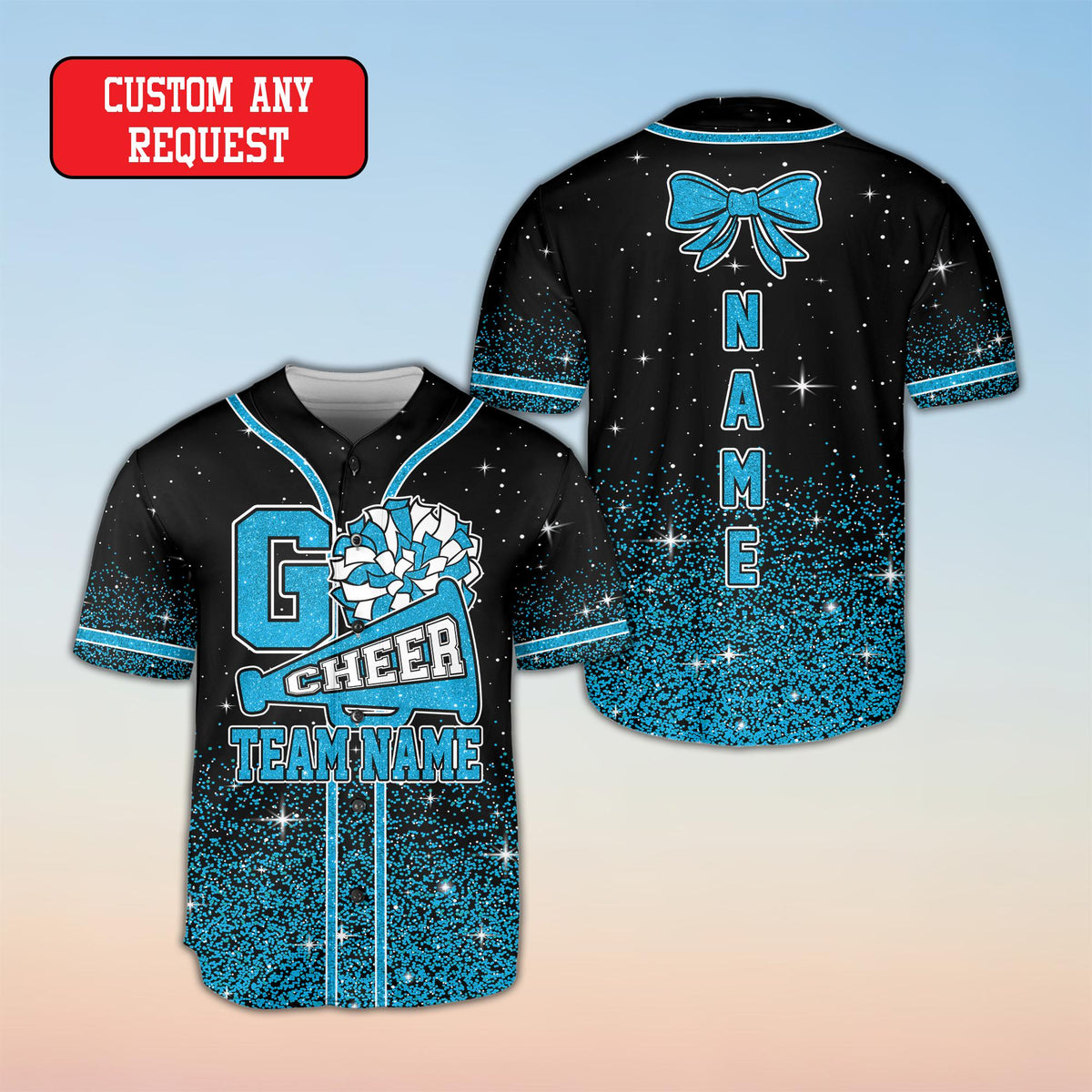 Custom cheer apparel featuring megaphone and starry highlights