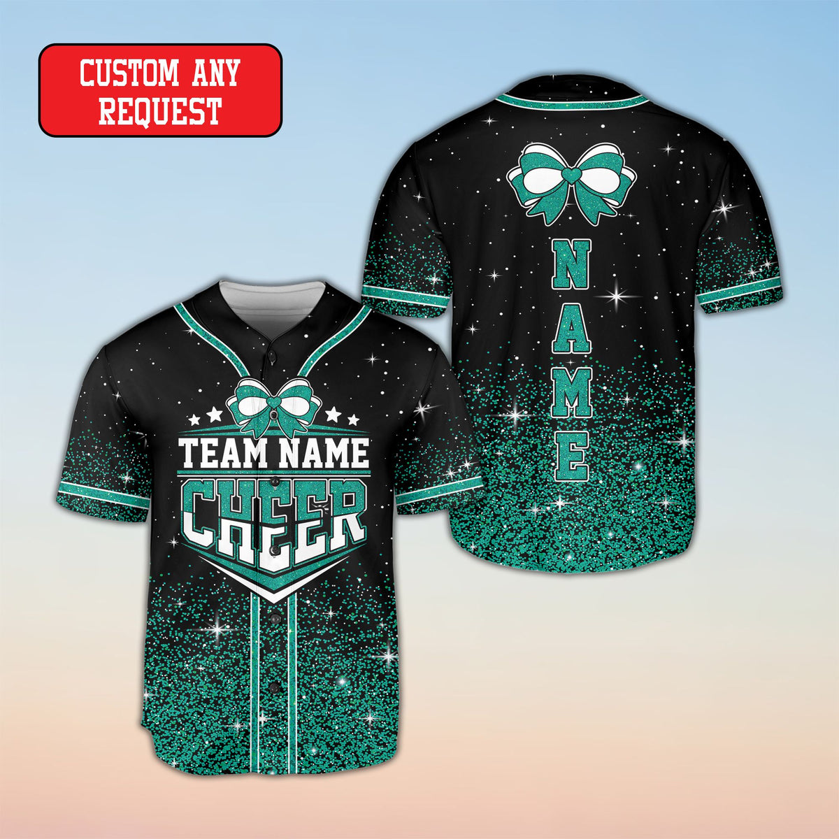 Folded view of the cheerleading baseball jersey showing the custom text and bow graphics