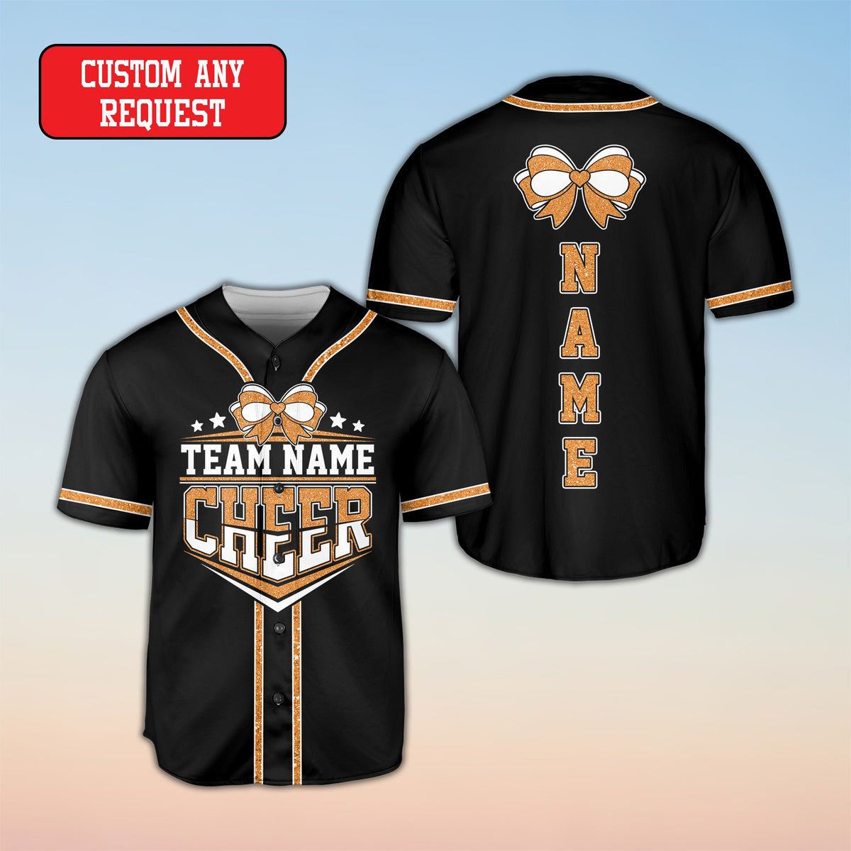 Custom baseball jersey with teal cheerleading graphics, front view
