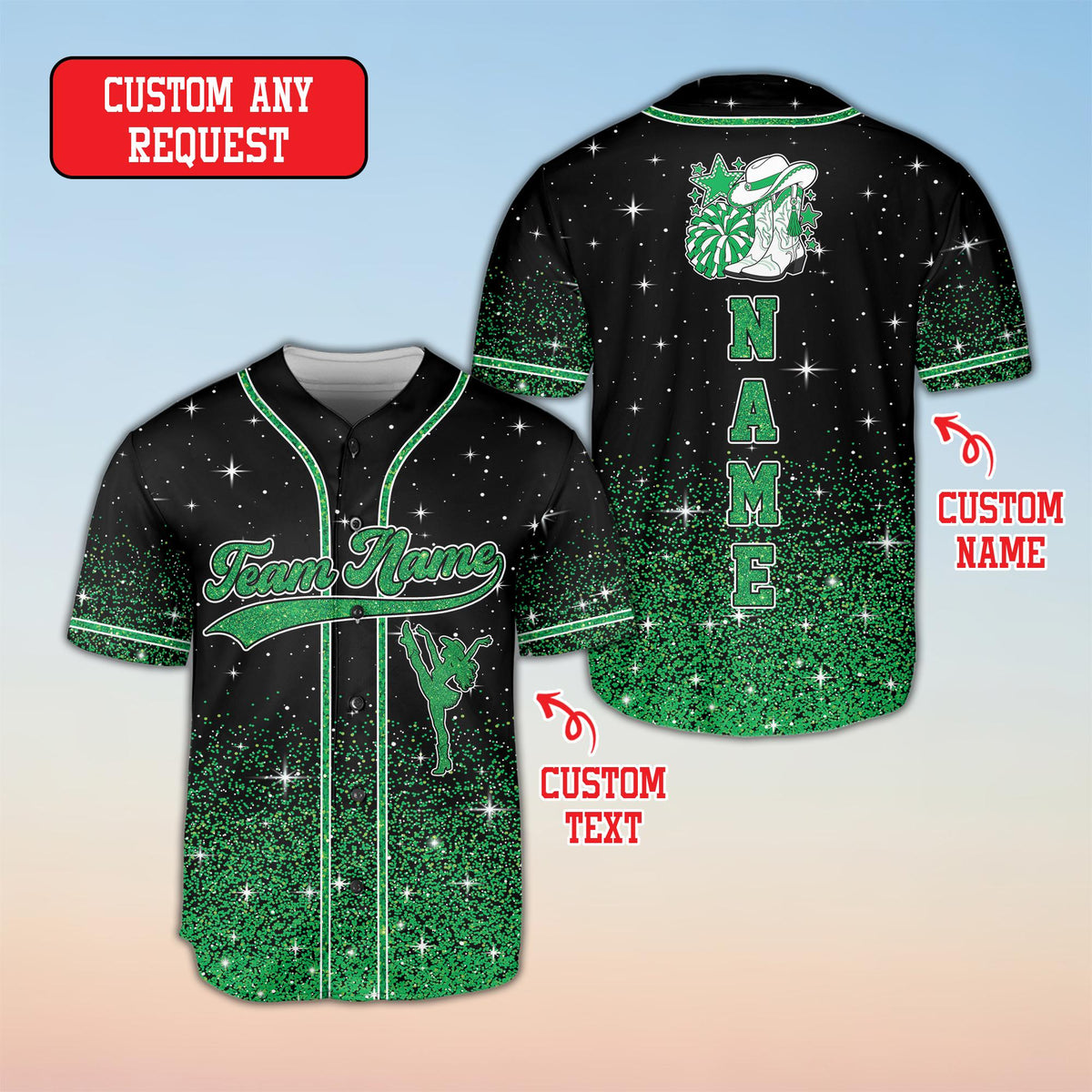 Front flat lay view of the black personalized cheerleading baseball jersey