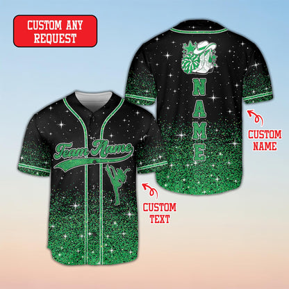 Front flat lay view of the black personalized cheerleading baseball jersey