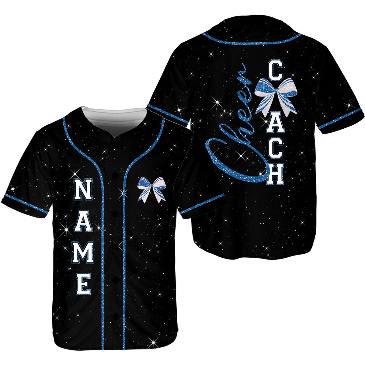 Front view of the custom name and number baseball jersey in black highlighting the vertical name placement