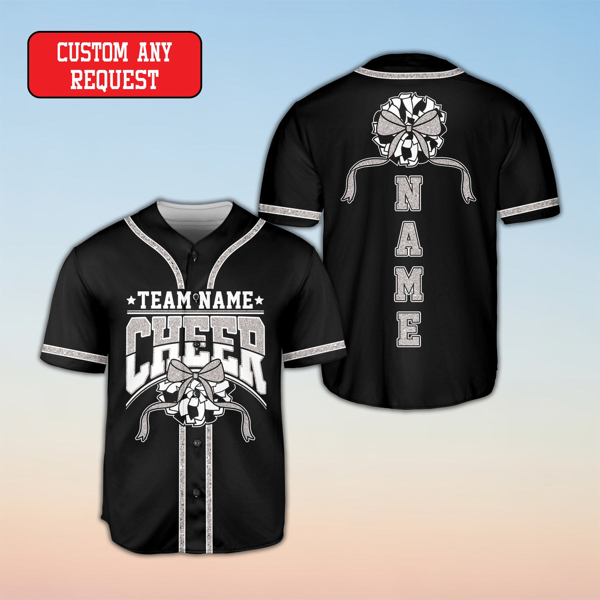 Detail shot of the polyester fabric on the personalized cheerleading baseball jersey