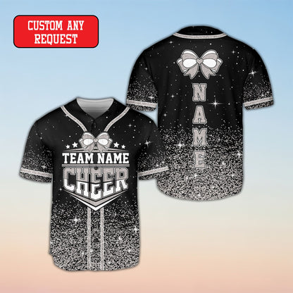 Alternate view of the personalized cheerleading baseball jersey in a black and glitter-effect design