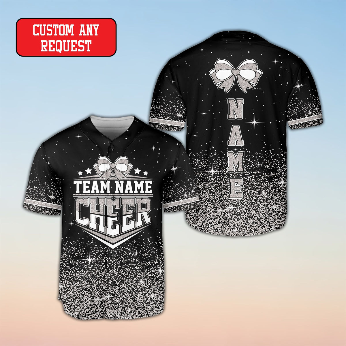 Front perspective of the personalized cheerleading baseball jersey