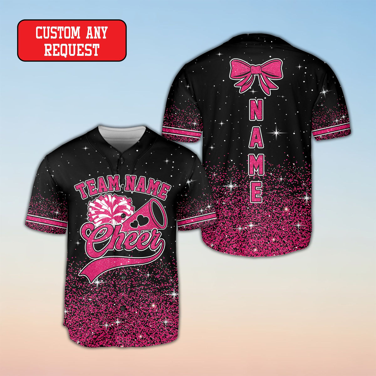 Final alternate front view of the personalized cheerleading baseball jersey