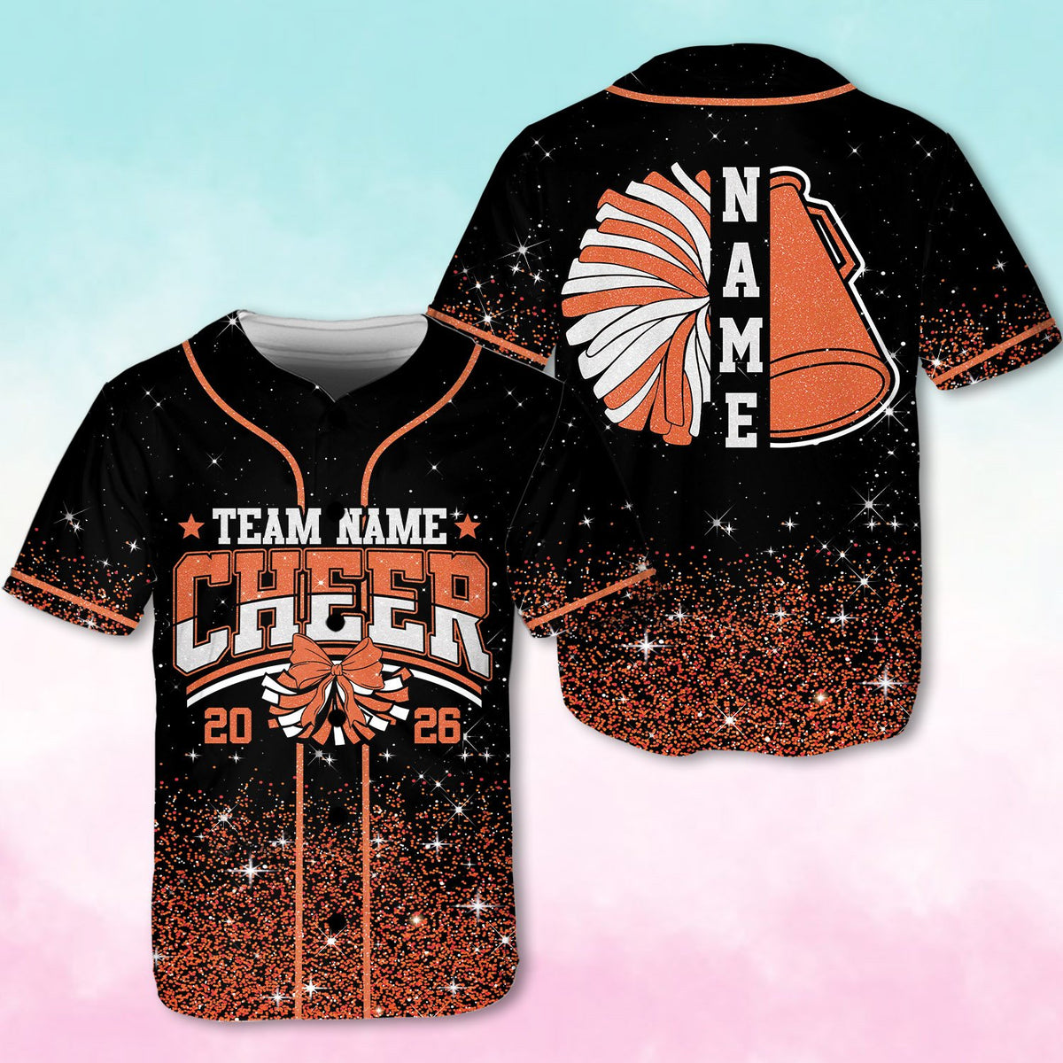 Front view showcasing the complete design of the black cheerleading baseball jersey.