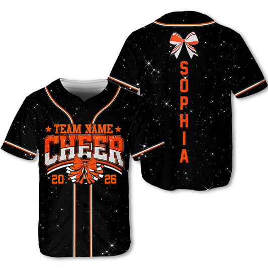 Personalized black cheerleading baseball jersey with starry texture and custom name, front view