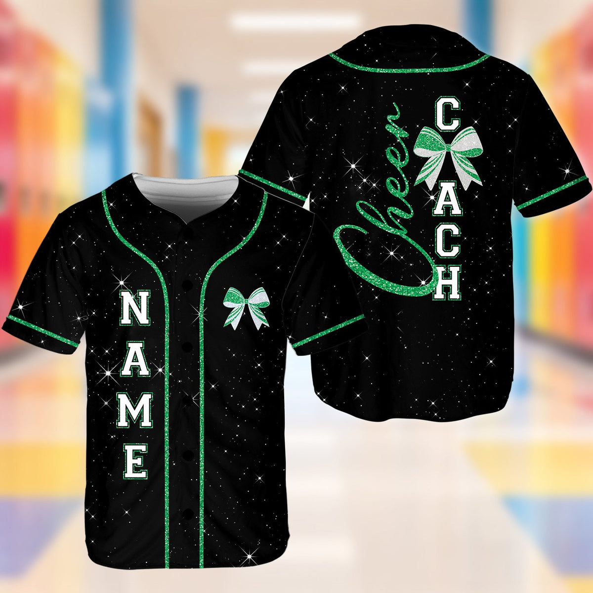 Front view of the black cheerleading baseball jersey featuring vertical custom name and cheer bow graphic